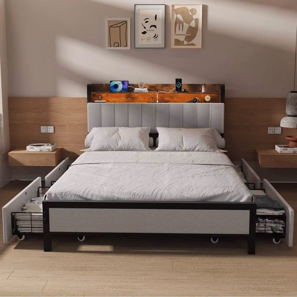 FLAVORA Metal Bed Frame with USB Charging Port in Grey, W/D/H: 140 x 200 cm – 3