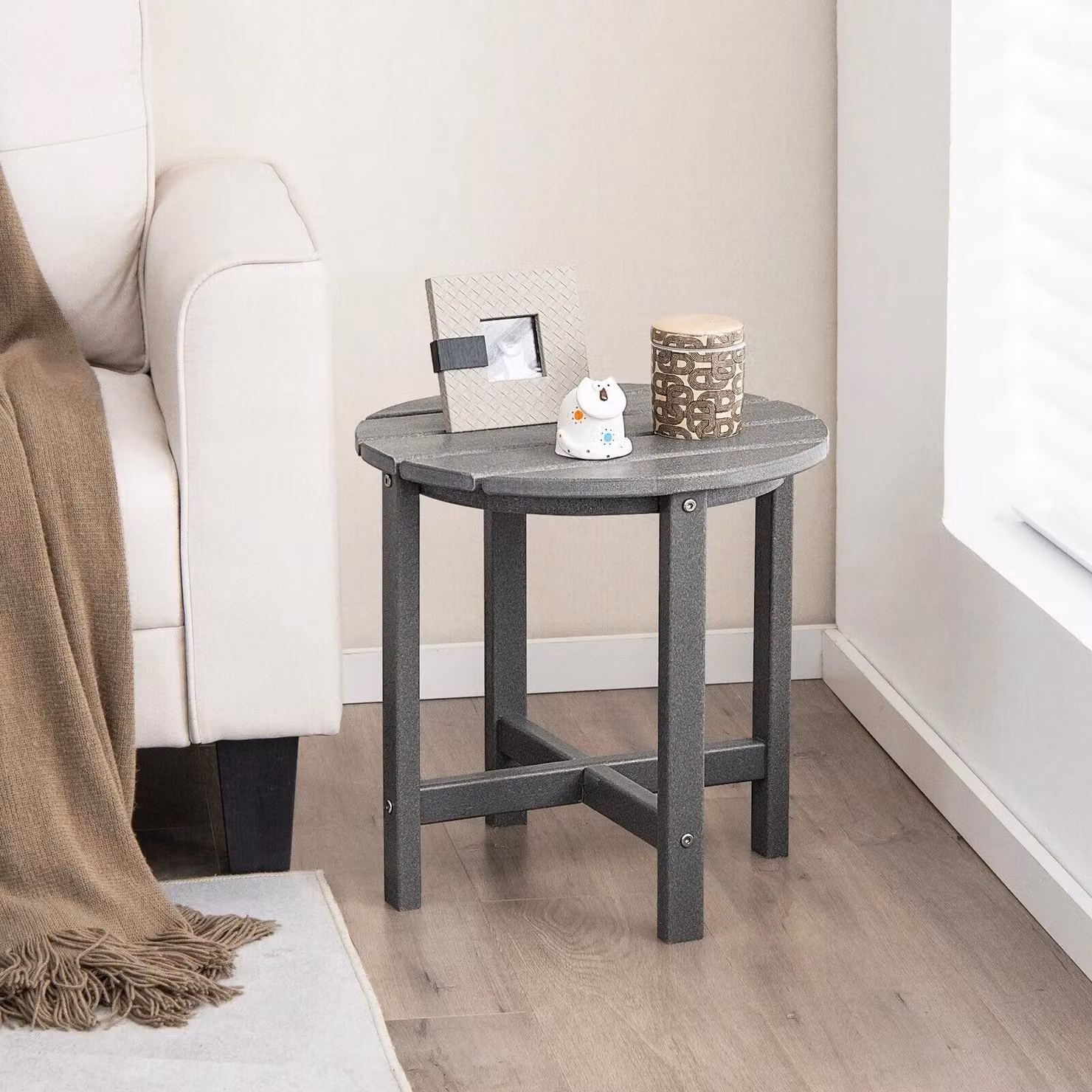 Gymax Weather-Resistant HDPE Adirondack Outdoor Side Table in Grey – 7