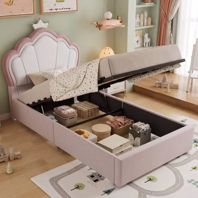 STILVORA Pink Velvet Single Upholstered Bed with Lift-Up Storage Base, W/D/H: 90 x 190 x 91.44 cm