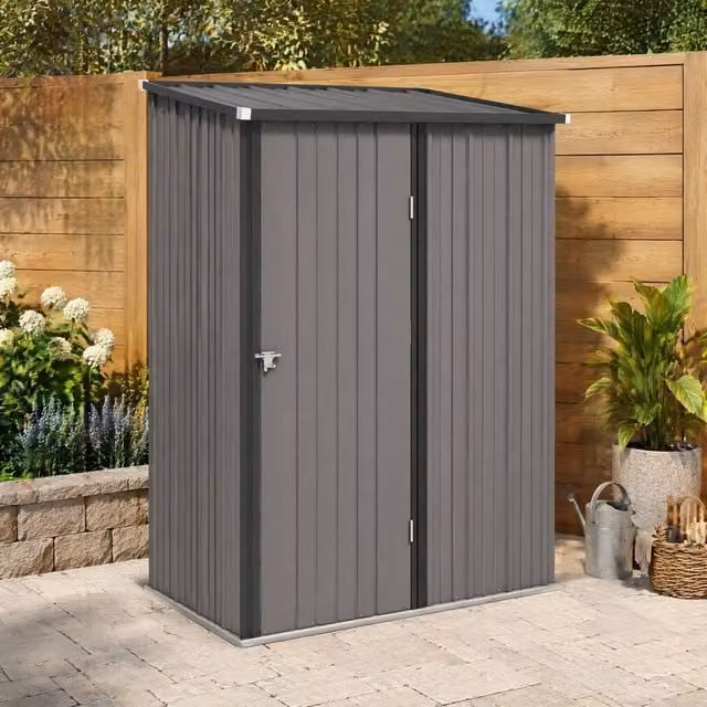 STILVORA Modern Pent Garden Shed in Light Grey, Galvanised Steel Lean-to with Single Door – 1