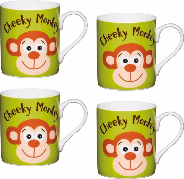 KitchenCraft Cheeky Monkey Mini Mugs, Set of 4, Multicolour and Green