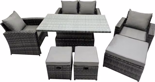 Fimous 7 Seater Rattan Outdoor Dining Set with Adjustable Height Rectangle Table and Love Sofa in Dark Grey