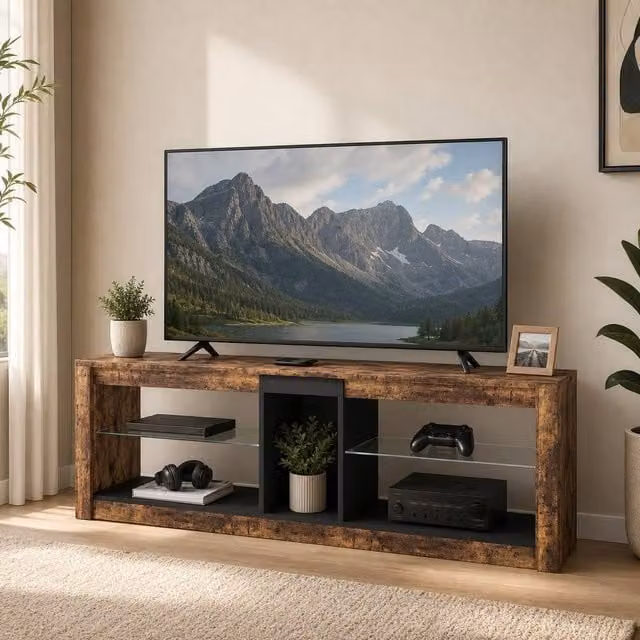 STILVORA Rustic Brown TV Stand with Integrated LED Lighting, Adjustable Shelves and Media Compartments, Width: 140 cm – 1