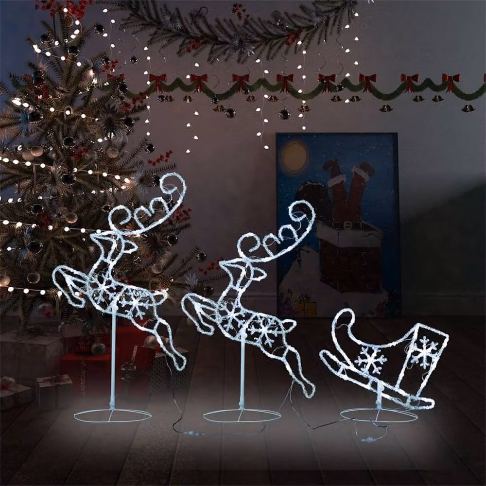 Berkfield Home Acrylic Christmas Flying Reindeer and Sleigh with LED Lights in Cold White, W/D/H: 260 x 21 x 87 cm – 2