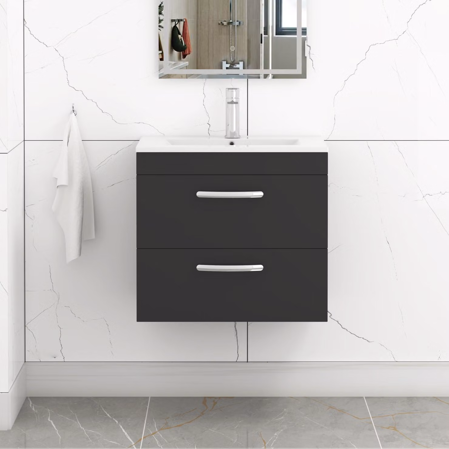 Royal Bathrooms Turin 600mm Wall Hung Vanity Unit with 2 Drawers and Minimalist Basin in Matt Black