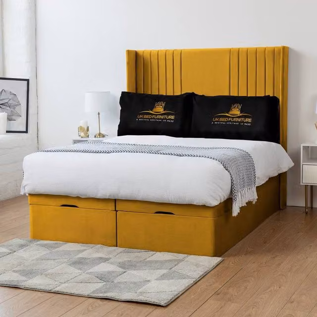 Luxor Living Luxor Wingback Ottoman Divan Bed with 54 Inch Headboard in Mustard Yellow Velvet, W/D/H: 90 x 190 x 137.16 cm