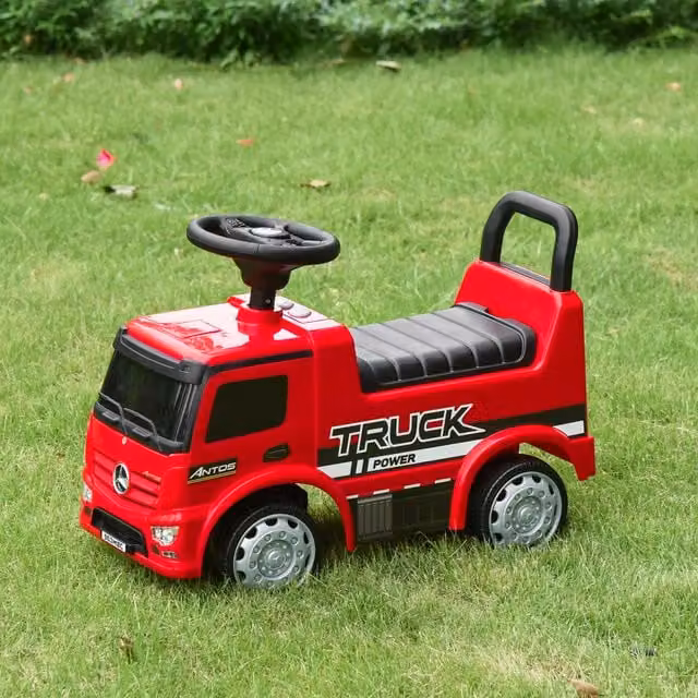HOMCOM Red Ride-On Mercedes Truck with Slider Storage and Push Handle for 12-36 Months