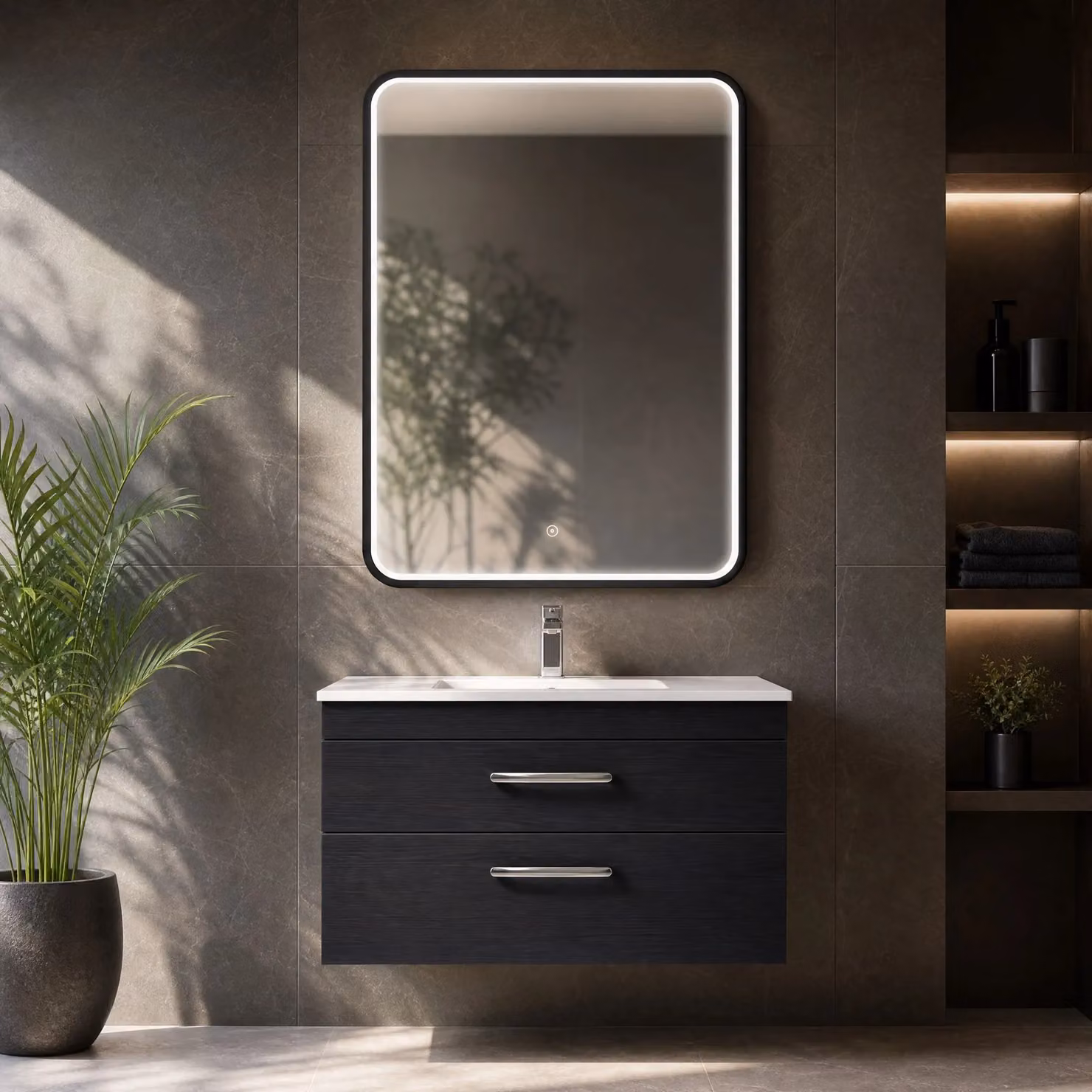 Balterley Rectangular Inset Framed LED Bathroom Mirror with Demister Pad and Touch Sensor, Black, W: 50 cm, H: 70 cm – 6