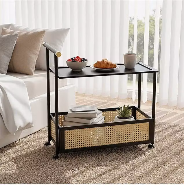 Living and Home 2-Tier Rolling Bamboo Side Table with Side Handle in Black – 1