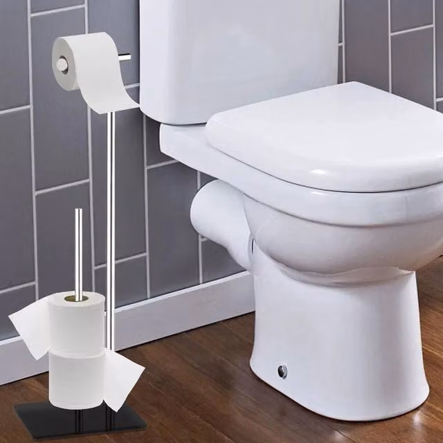 EONLION Stainless Steel Freestanding Toilet Roll Holder with Spare Roll Holder in Black