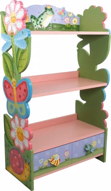 Teamson Kids Fantasy Fields Magic Garden 3-Tier Wooden Bookcase and Storage Drawers in Pink