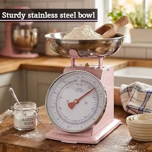 Premier Housewares Pink and Silver Retro Manual Kitchen Scale with Analogue Display, 5kg Capacity – 4
