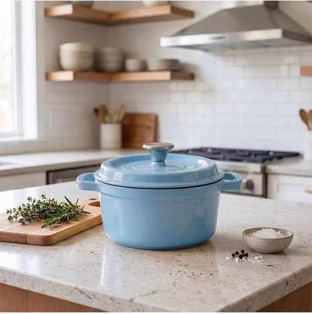 Living and Home Enamelled Cast Iron Dutch Oven Casserole Pot with Glass Lid, Baby Blue, 6 l – 1