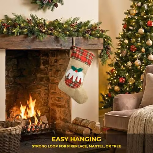 Shatchi Large Christmas Pudding Xmas Stocking in Brown Burlap Hessian Linen, W/H: 26 x 45 cm – 5