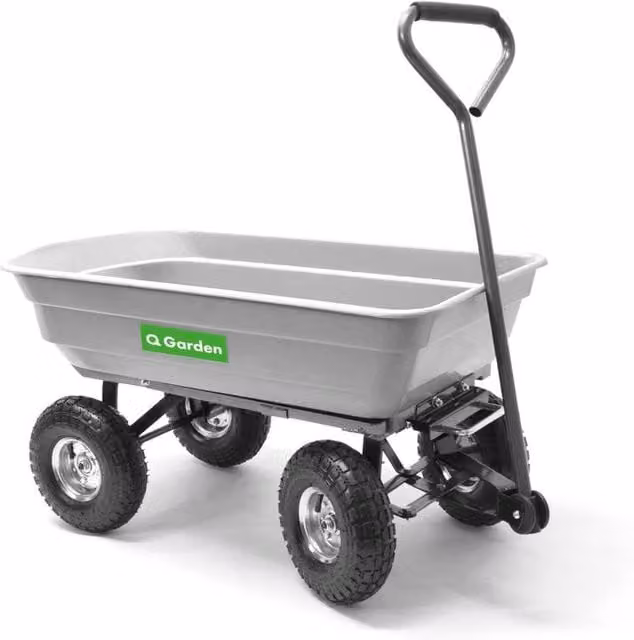 Q Garden Poly Body Pull Dump Cart Garden Wagon with Tipping Function, 150kg Capacity, Grey