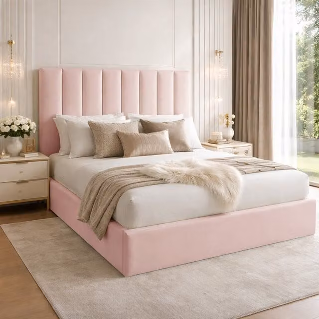 Desire Deco Suenna Plush Velvet Upholstered Panel Bed Frame, Pink, W: 120 cm, D: 200 cm