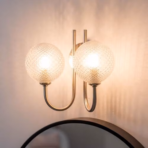 ValueLights Elle Brushed Chrome 2 Way Up and Down IP44 Bathroom Wall Light with Transparent Glass Spheres in Silver – 2