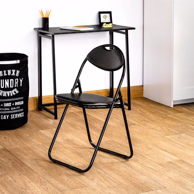 Harbour Housewares Padded Folding Metal Chair with Synthetic Leather Cushion in Black