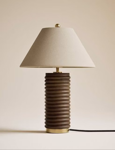 M&S Modern Wooden Ribbed Table Lamp in Brown and Gold/Brass