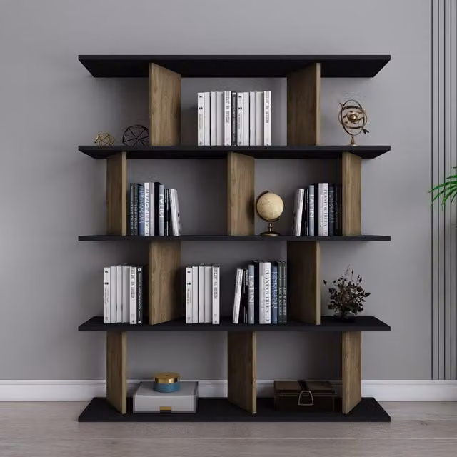 Decorotika Grace 4-Tier Modern Geometric Bookshelf in Black and Oak