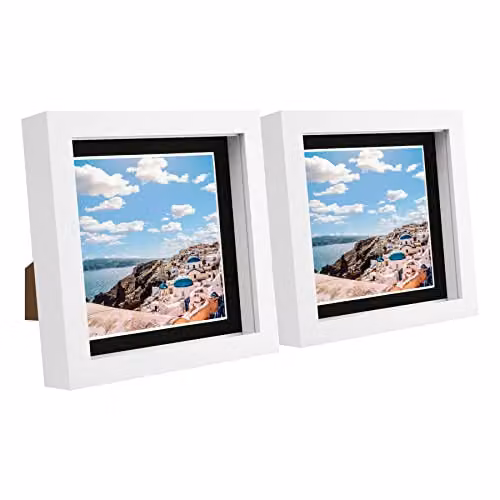 Nicola Spring Pack of 2 White Square 3D Box Photo Frames with Black Mount for Tabletop or Hanging Display