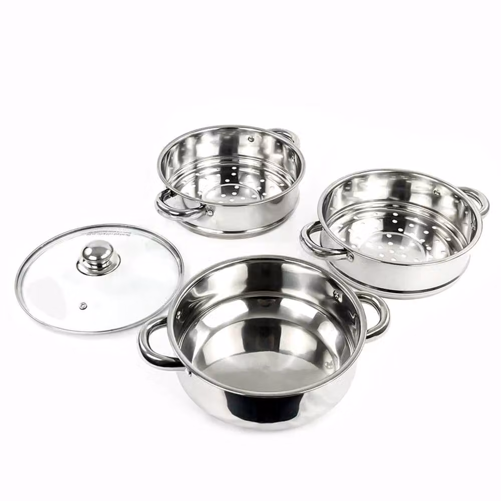 VOGREX 3 Tier Stainless Steel Multi Pot Steamer with Glass Lid, Silver – 2