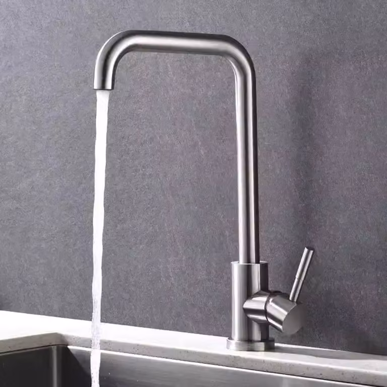 FORGEVIO Single Lever Mono Kitchen Tap with 360 Degree Swivel Spout in Brushed Silver Steel