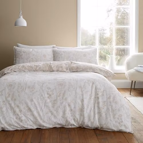 Bianca Brushed Cotton Floral Toile Reversible King Duvet Cover and Pillowcase Set in Beige, W/D/H: 220 x 180 x 220 cm