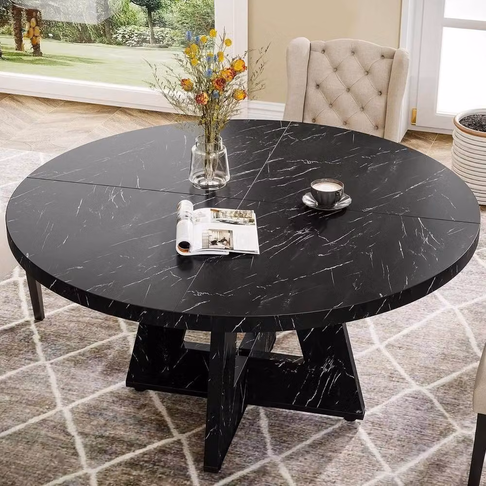 PAWNORA Round Farmhouse Wooden Dining Table in Black, Diameter: 119.38 cm – 4