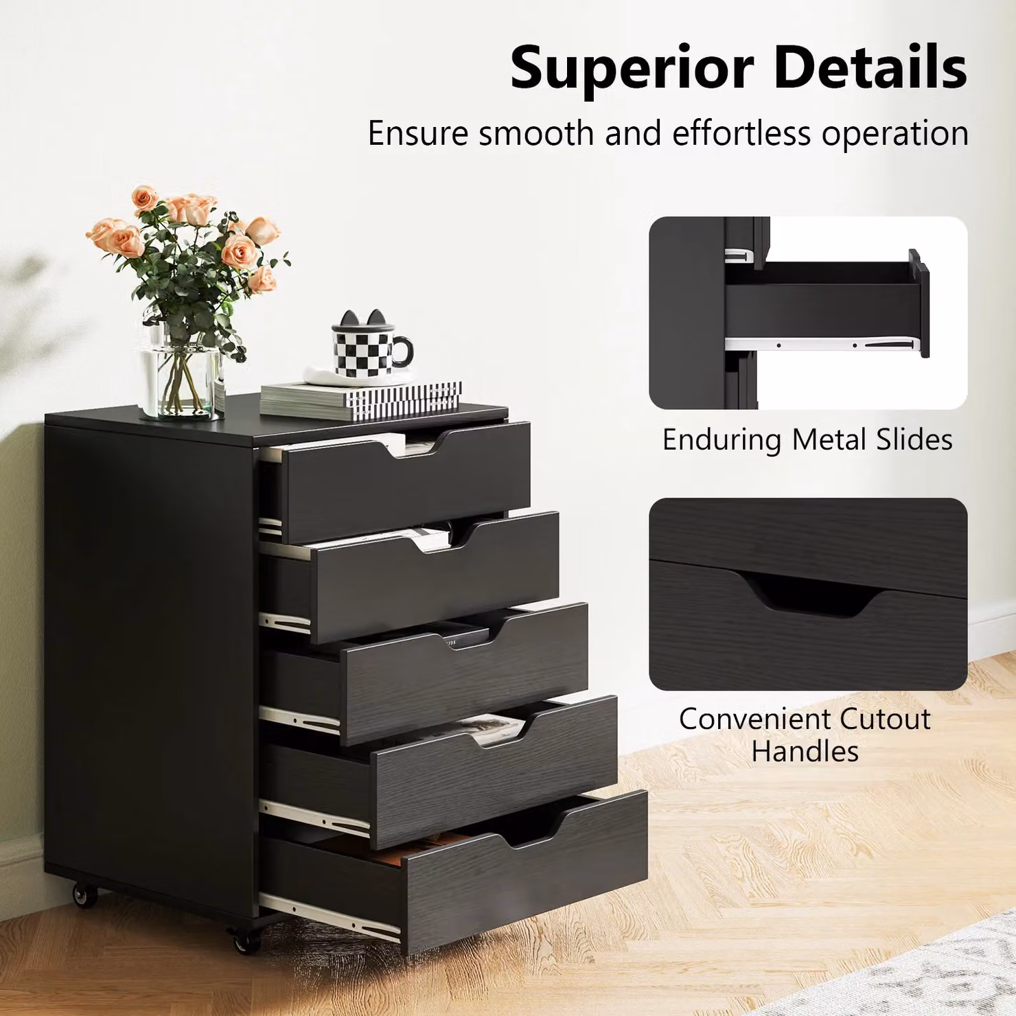 Gymax 5-Drawer Rolling Filing Cabinet and Under Desk Dresser with Castors, Black – 5