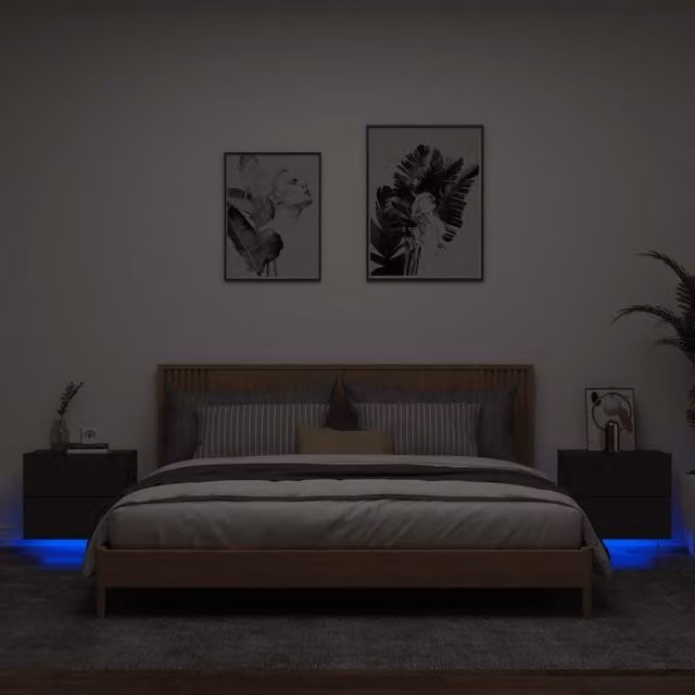 Berkfield Home Set of 2 Modern Wall-mounted Bedside Cabinets with Integrated LED Lights in Matt Black
