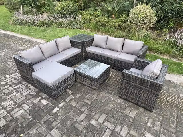 Fimous Rattan L-Shape Garden Furniture Set in Dark Grey with 2-Seater Sofa, Armchair, Coffee Table and Ottoman
