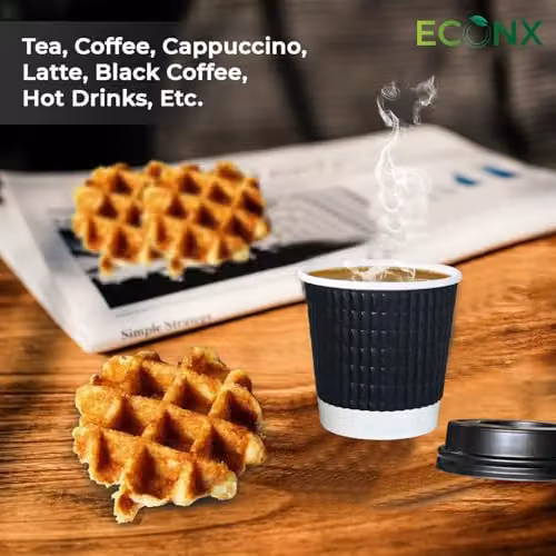ECONX 500 x 4oz Black Disposable Kraft Paper Ripple Cups with Lids, Leak Proof Insulated Triple Wall Takeaway Coffee Cups – 7