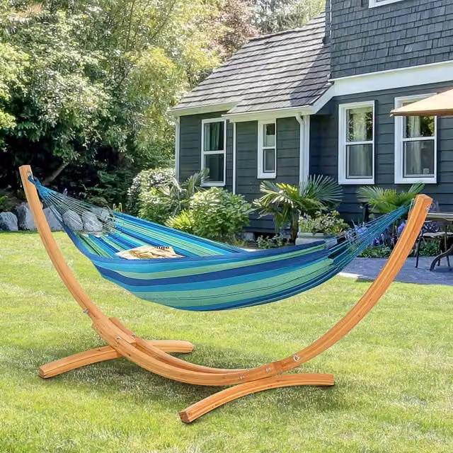 Outsunny Modern Wooden Hammock Stand with Striped Fabric in Brown and Natural Wood Colour