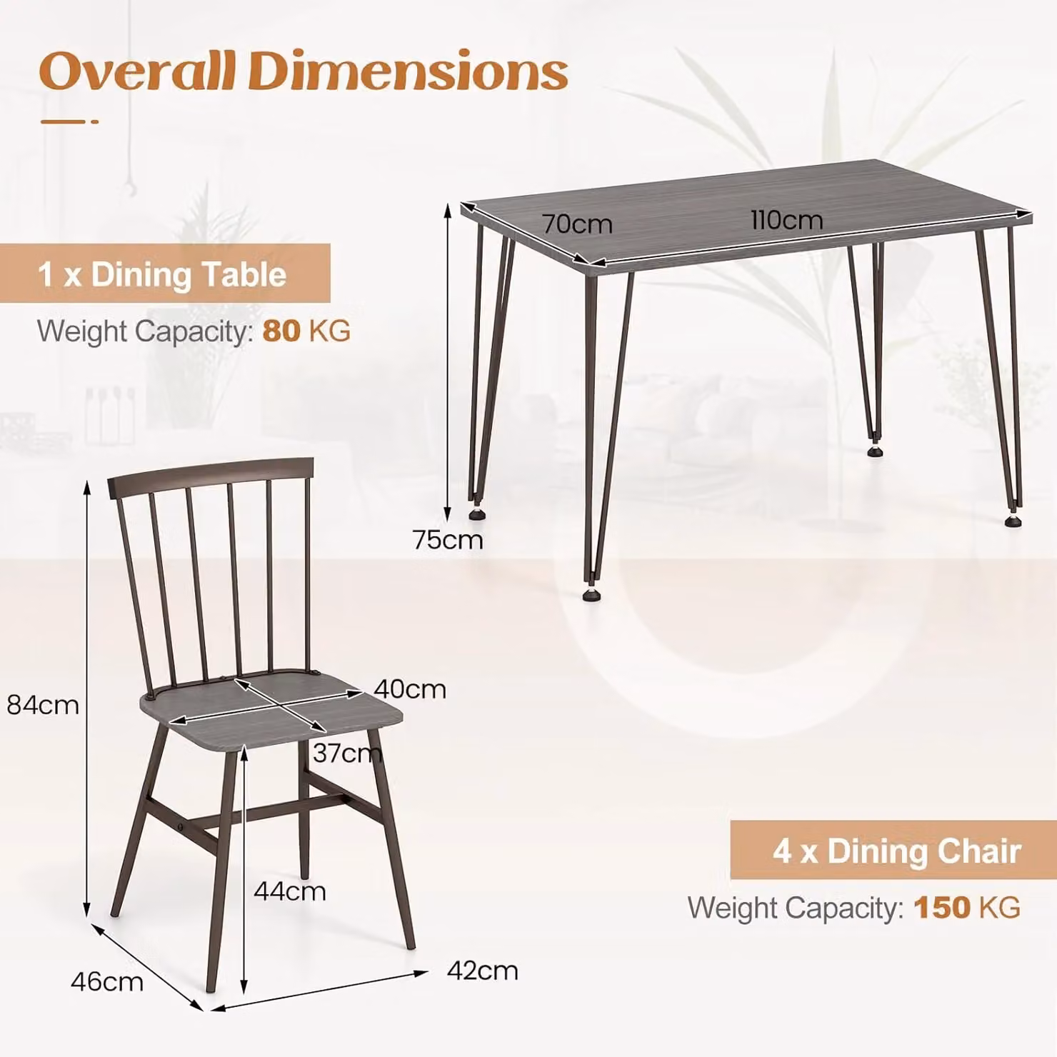 Gymax 5-Piece Dining Table and 4-Chair Set with Metal Frame in Light Oak – 3