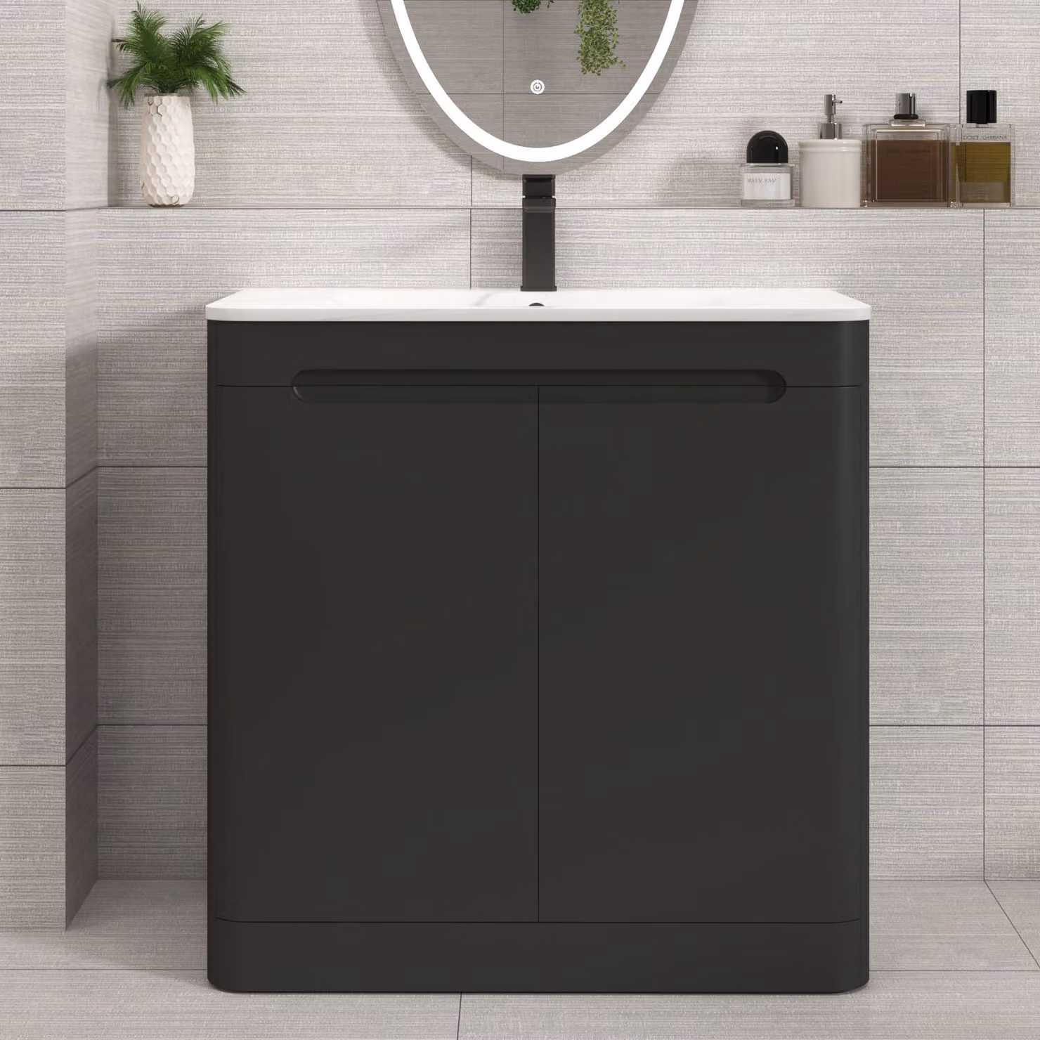 Royal Bathrooms Venice 800mm Matt Nocturne Black Floor Standing 2 Door Vanity Unit with Carrara White Basin