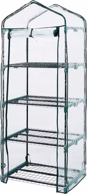 Storm Trading Group 4 Tier Compact Green Greenhouse with Shelves and Roll Up Zip Panel Door