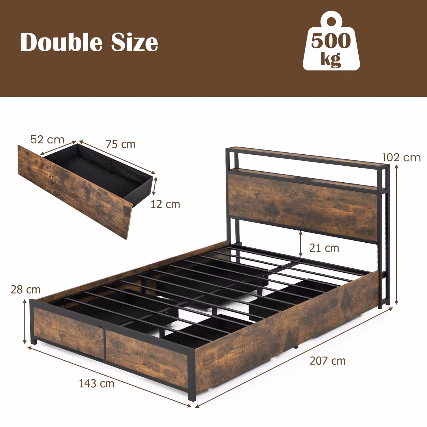 Costway Double Size Metal Bed Frame in Brown with LED Light Headboard, USB Charging Port, Bedside Shelf and 4 Storage Drawers, W/D/H: 140 x 200 cm – 3