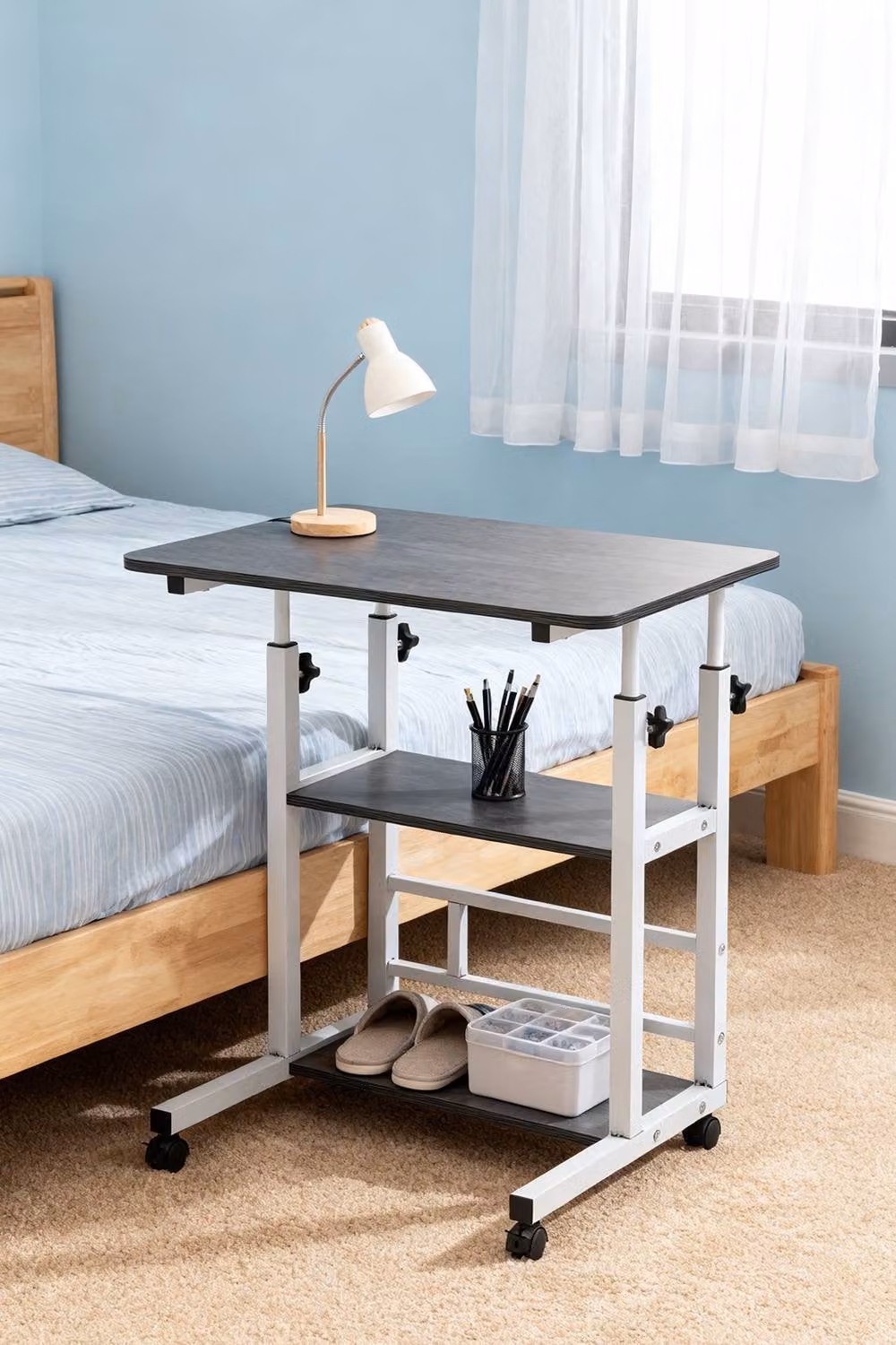 ExtraStar Height Adjustable Mobile Overbed Table with 3 Shelves in Black – 2