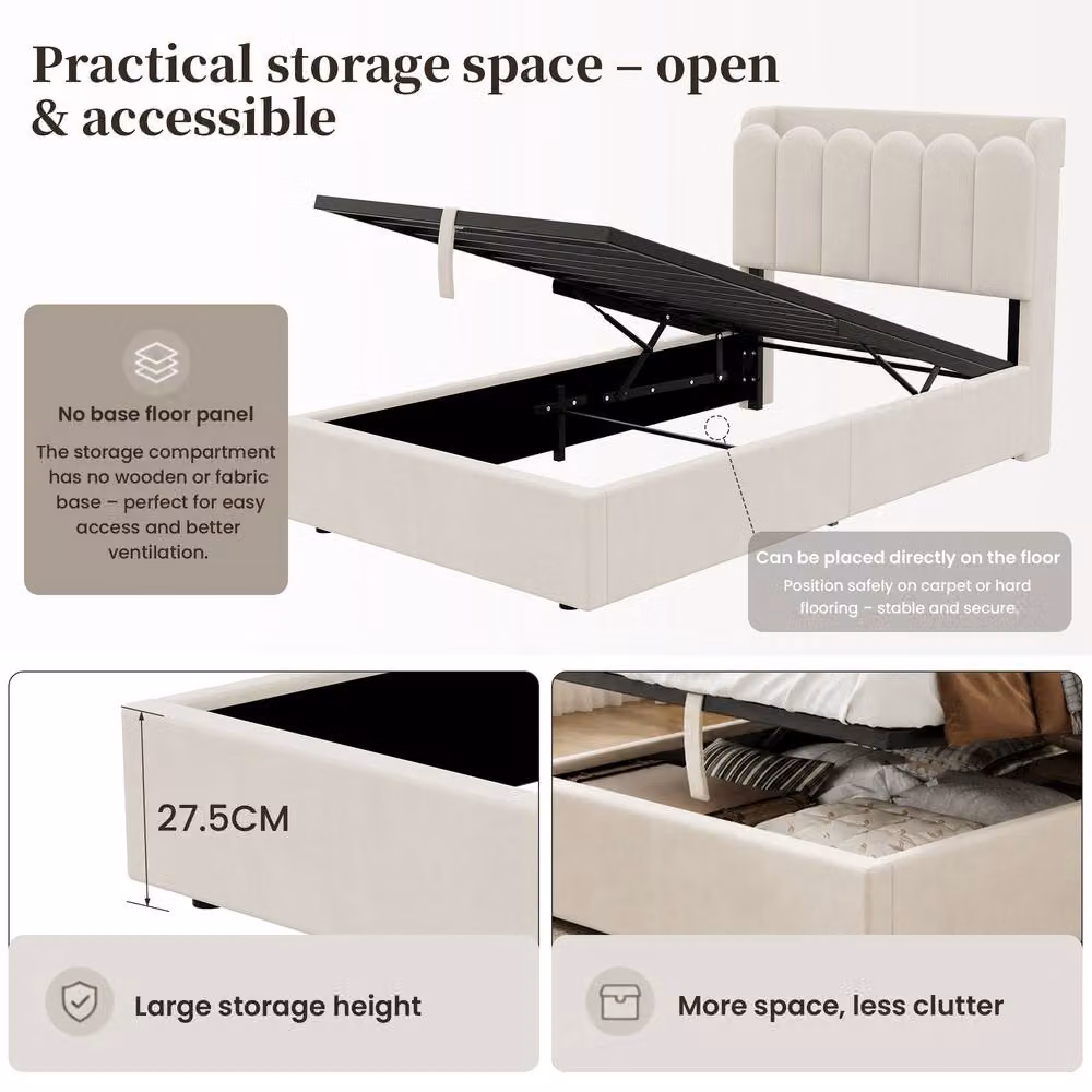 Rolipo Single Ottoman Bed Frame in Beige Velvet with USB Charging Port and Integrated Reading Light, W/D/H: 90 x 190 cm – 4
