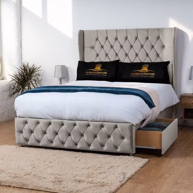 UK Bed Furniture Luxor Wingback Divan Bed with 54 Inch Headboard and 2 Foot End Drawers in Light Beige, Super King, W/D/H: 200 x 200 cm