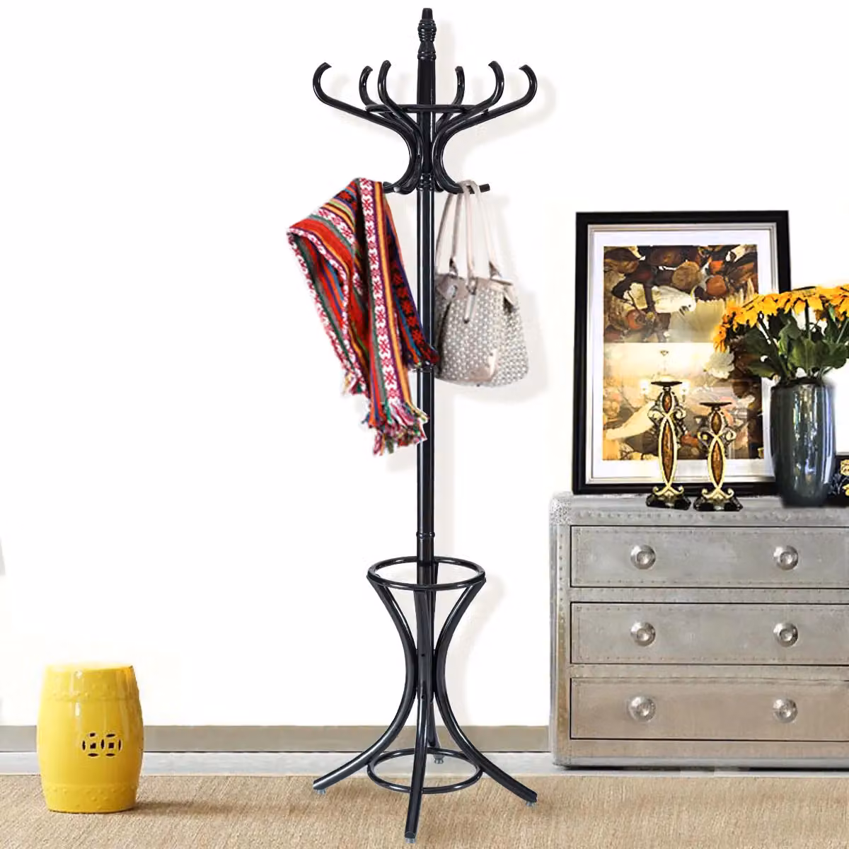 Costway Black Lacquered Solid Wood Floor Standing Coat Jacket Stand with Umbrella Rack – 4