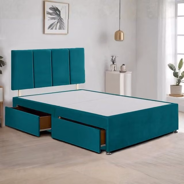 Bed Time UK Plush Velvet Divan Bed Frame with 2 Drawers and 20" Vertical Line Headboard in Green, Small Double, W/D/H: 120 x 200 cm