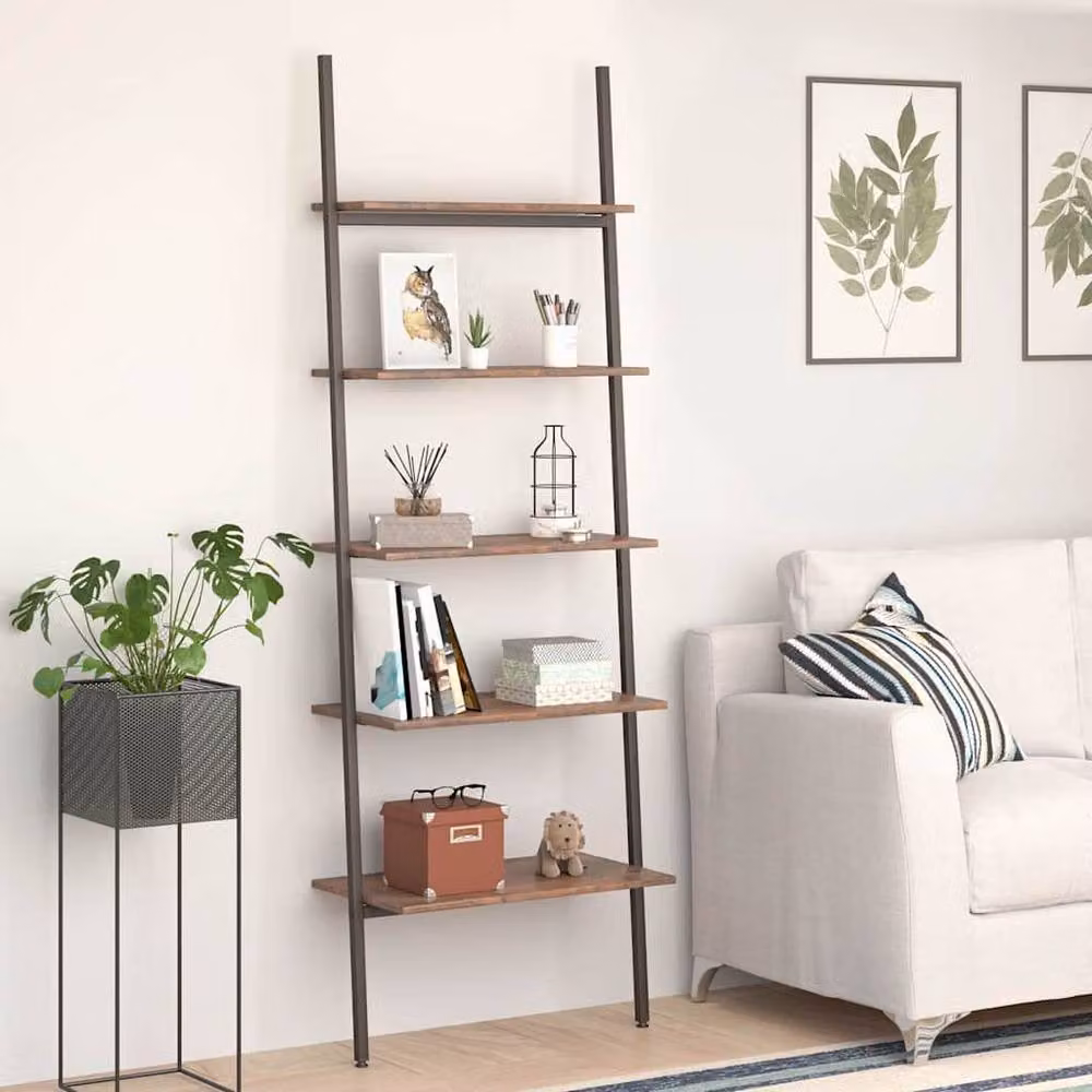 Berkfield Home Practical 5-Tier Leaning Ladder Shelf in Dark Brown and Black, W: 64 cm, D: 34 cm, H: 185.5 cm – 2