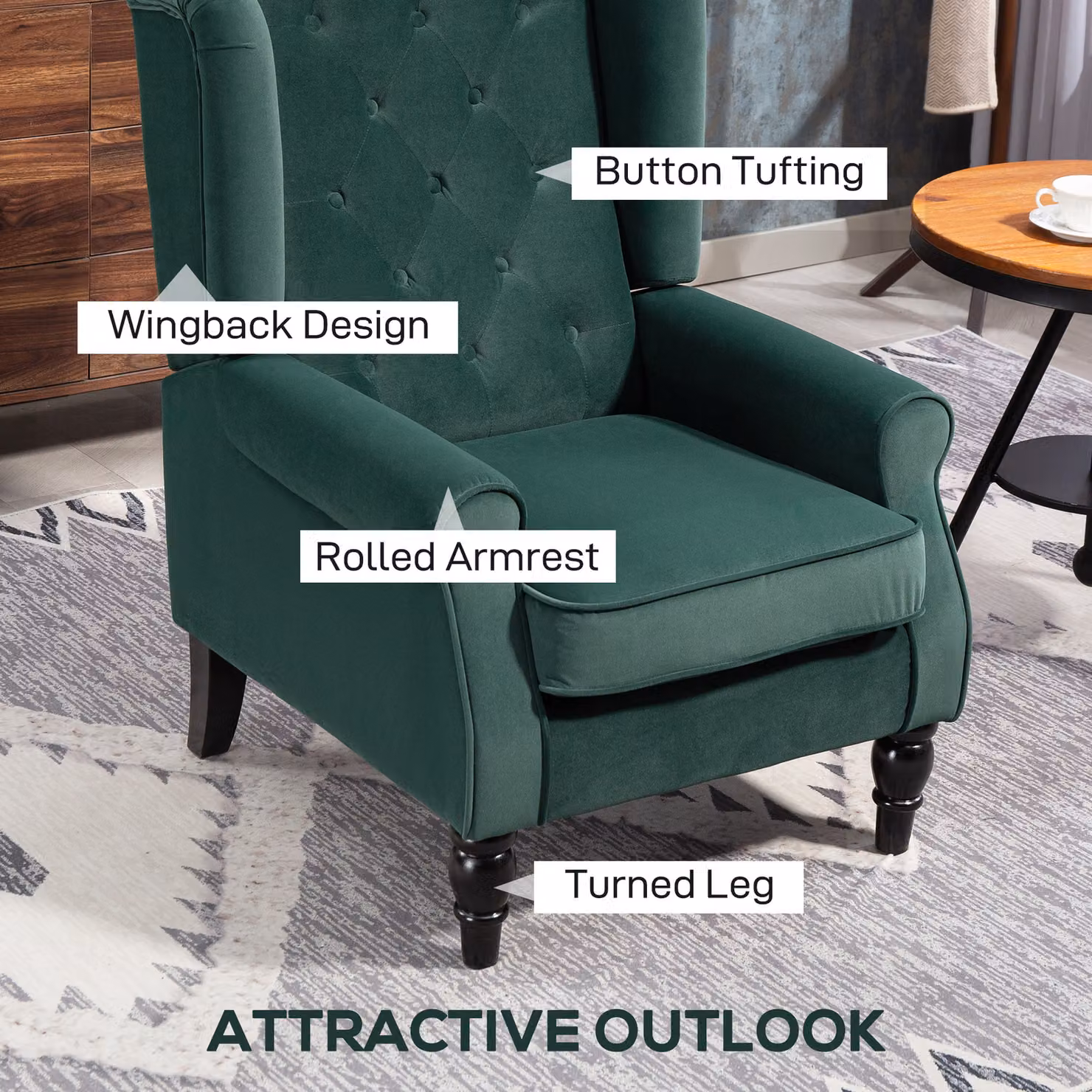 HOMCOM Retro Green Velvet Wingback Accent Chair with Button Tufting and Solid Wood Frame – 4