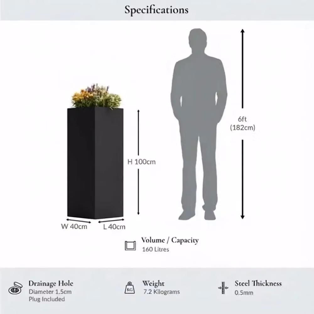 Access Garden Products Tall Square Galvanised Steel Planter, Matte Black, H 100 cm x W 40 cm x D 40 cm – 2