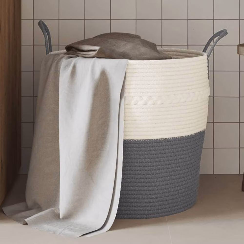 Berkfield Grey and White Open Weave Cotton Storage Basket with Handles, W: 43 cm, D: 38 cm, H: 38 cm – 2