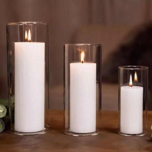 Marco Paul 3-Piece Classic Round Glass Pillar Candle Holder Set in Transparent and White