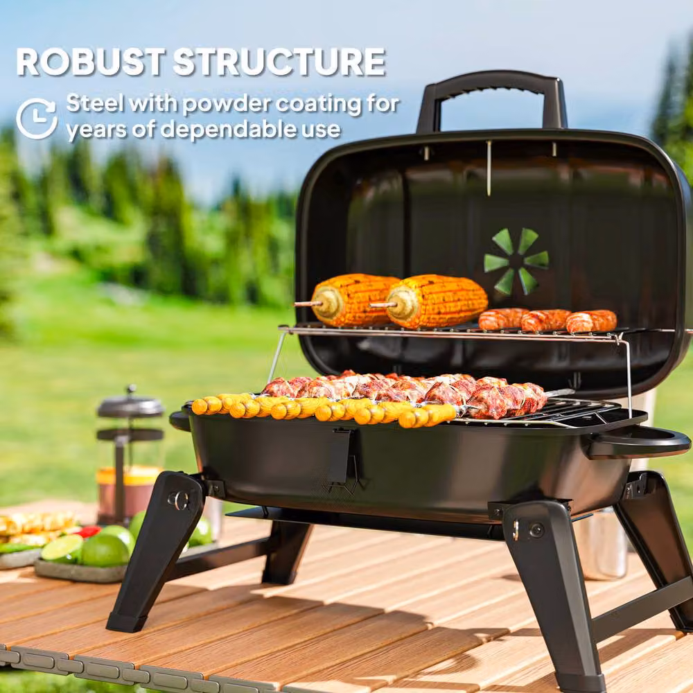 Rolipo Black Folding Charcoal Kettle BBQ Grill with Thermometer and Warming Rack – 10
