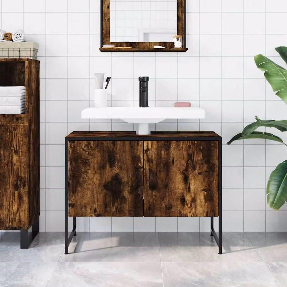 Berkfield Home Smoked Oak Wall Mounted Bathroom Sink Cabinet, Brown, W: 80 cm, D: 33 cm, H: 60 cm – 2